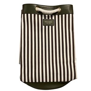 NWOT Henri Bendel Bucket Bag Backpack Tote in Green & White Stripe, Gold Accents